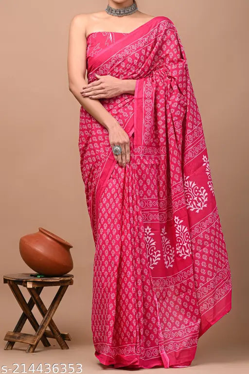 THE FAMILIAR Jaipuri , bagru , sanganeri Hand Printed cotton mulmul saree , cotton malmal saree , cotton saree with pompom lace. with blouse piece for woman