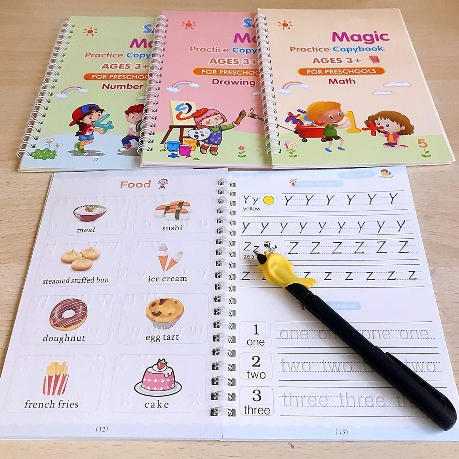 Number Tracing Magic Practice Copybook for Preschoolers with Pen, Magic Copybook Set Practical Reusable Writing Tool Simple Hand Lettering (Set of 4 Books + 10 Refill + 1 Pan)