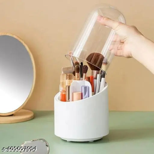 360°Rotating Makeup Brushes Organizer with Lid Cosmetic Brush Storage Box for Dressing Table Makeup Brush Holder