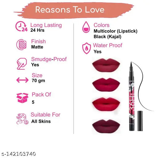 Red edition Long Wearing & Transfer Resistant Longlasting Liquid 4 in 1 Lipstick Smudgeproof & Waterproof (Pack of 5) 100 gm